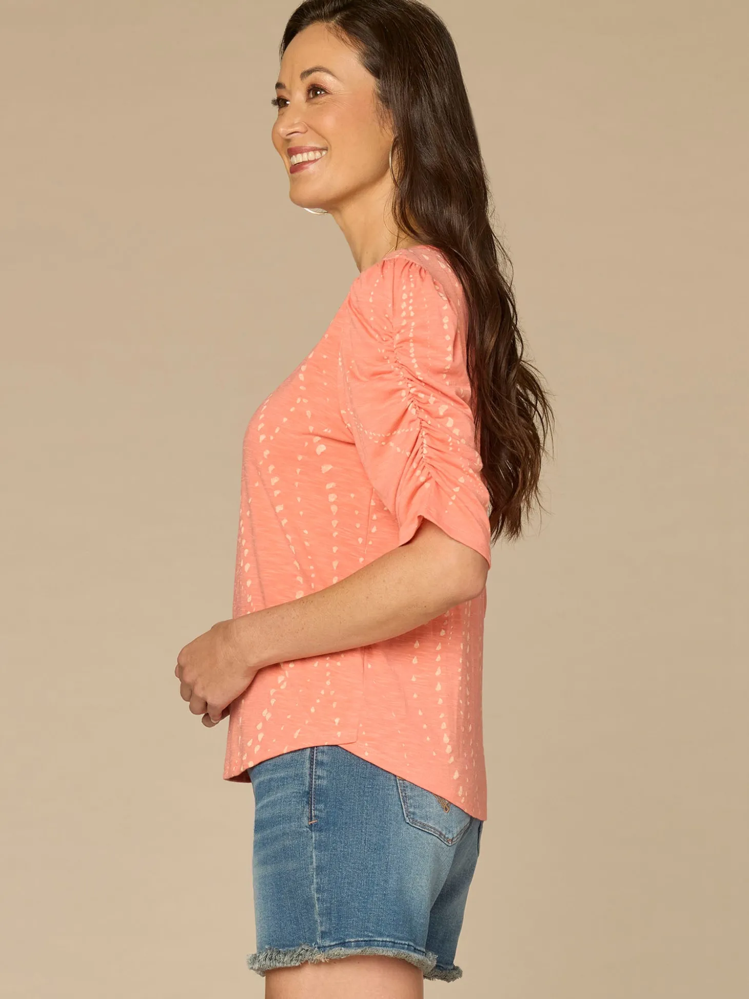 Ruched Elbow Sleeve Scoop Neck Dot Print Knit Top