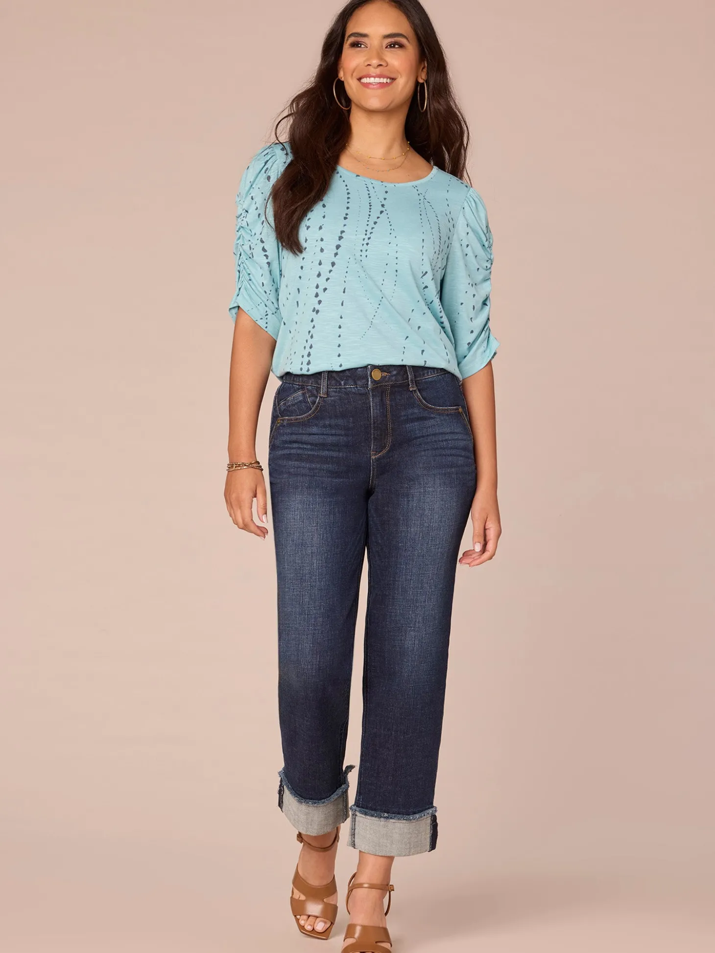 Ruched Elbow Sleeve Scoop Neck Dot Print Knit Top
