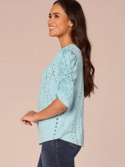 Ruched Elbow Sleeve Scoop Neck Dot Print Knit Top