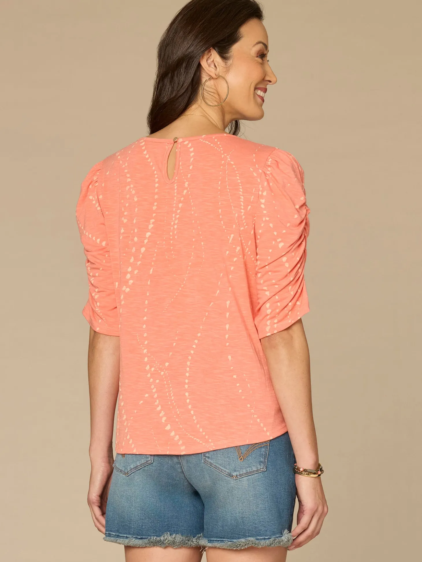 Ruched Elbow Sleeve Scoop Neck Dot Print Knit Top