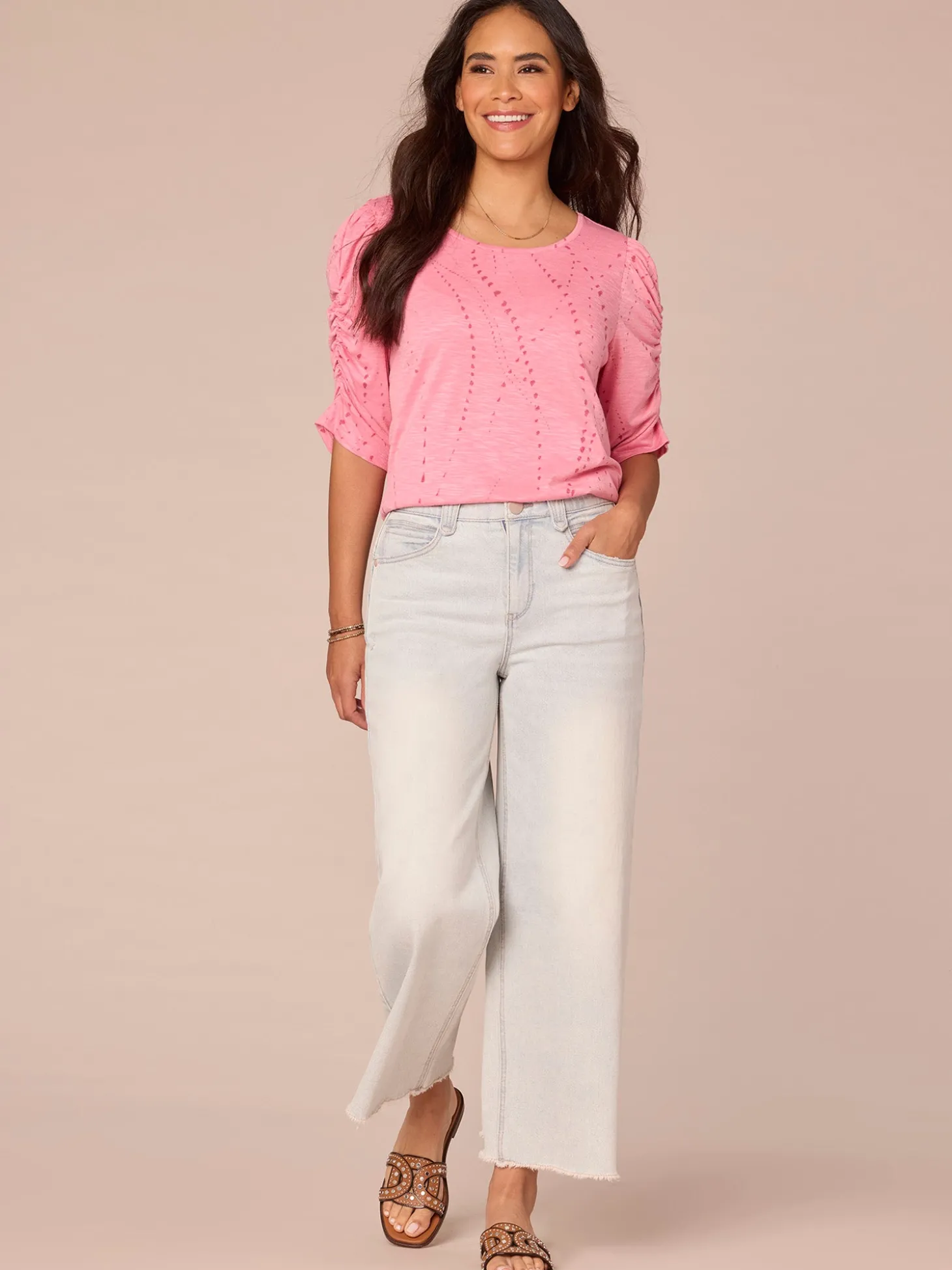 Ruched Elbow Sleeve Scoop Neck Dot Print Knit Top