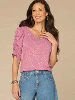 Ruched Elbow Sleeve Scoop Neck Dot Print Knit Top