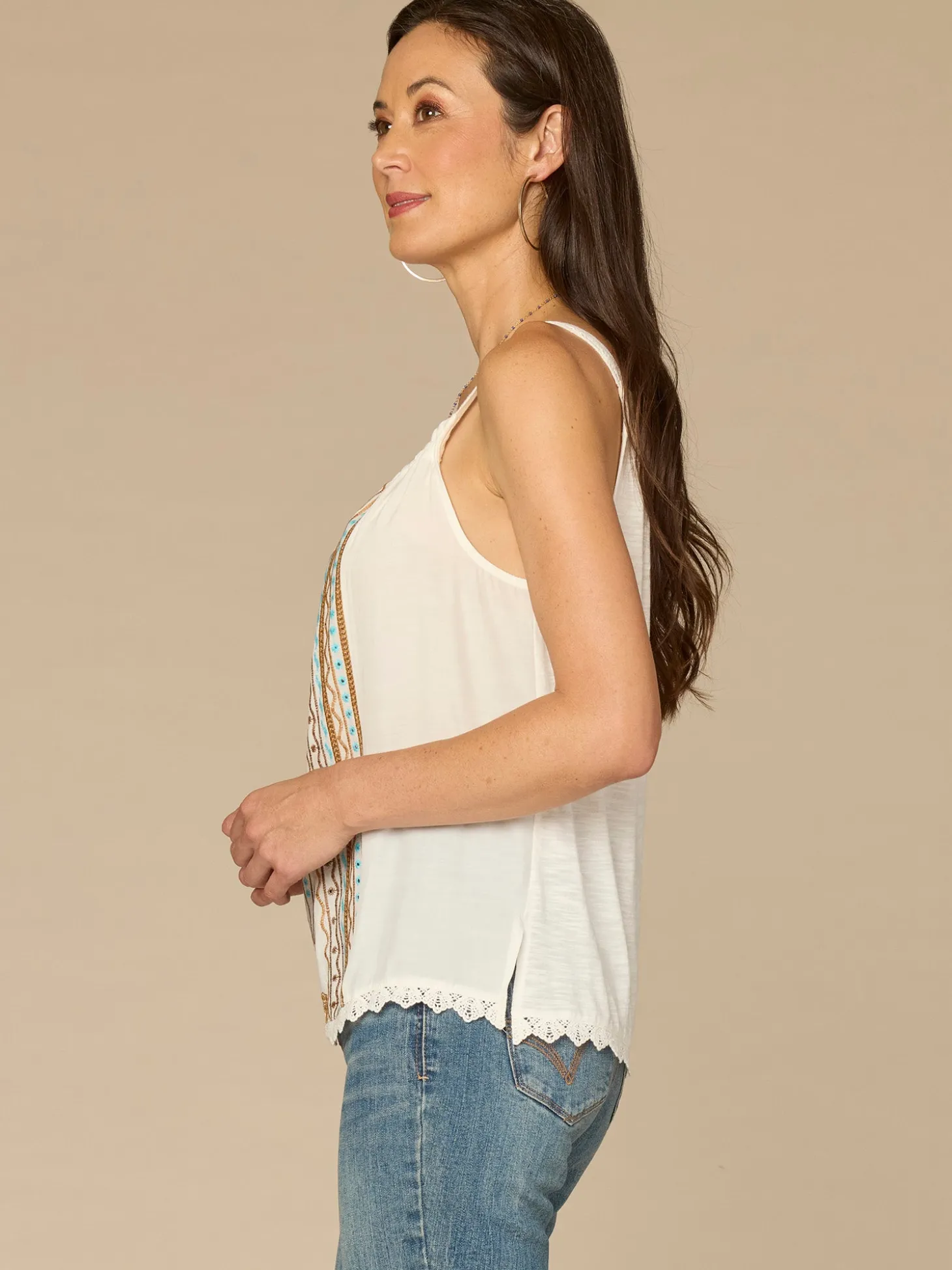 Ruched Square Neck Embroidered Scallop Edge Woven Petite Tank Top