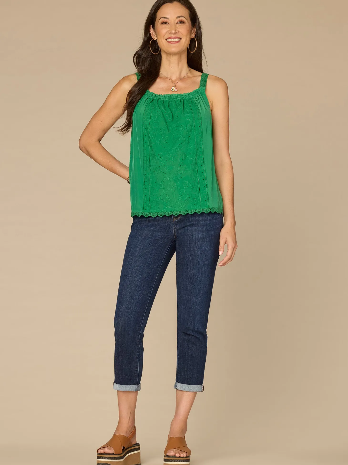 Ruched Square Neck Embroidered Scallop Edge Woven Petite Tank Top