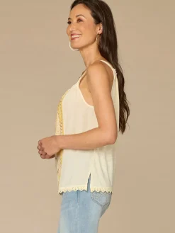 Ruched Square Neck Embroidered Front Scallop Edge Woven Tank Top