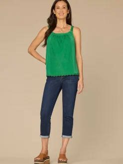 Ruched Square Neck Embroidered Front Scallop Edge Woven Tank Top