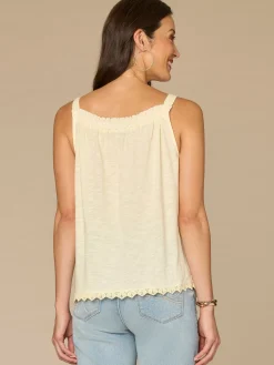 Ruched Square Neck Embroidered Front Scallop Edge Woven Tank Top