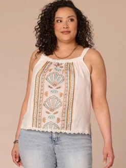 Ruched Square Neck Embroidered Scallop Edge Woven Plus Size Tank Top