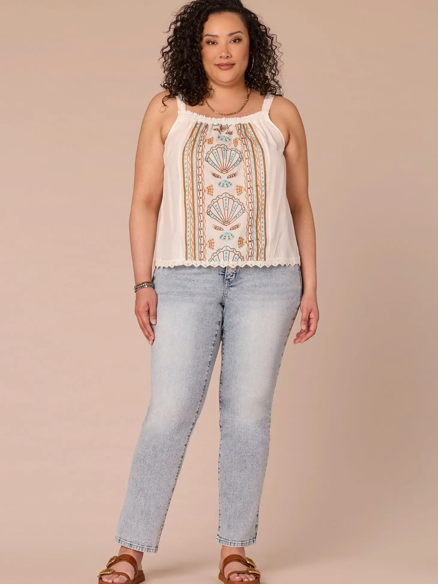 Ruched Square Neck Embroidered Scallop Edge Woven Plus Size Tank Top