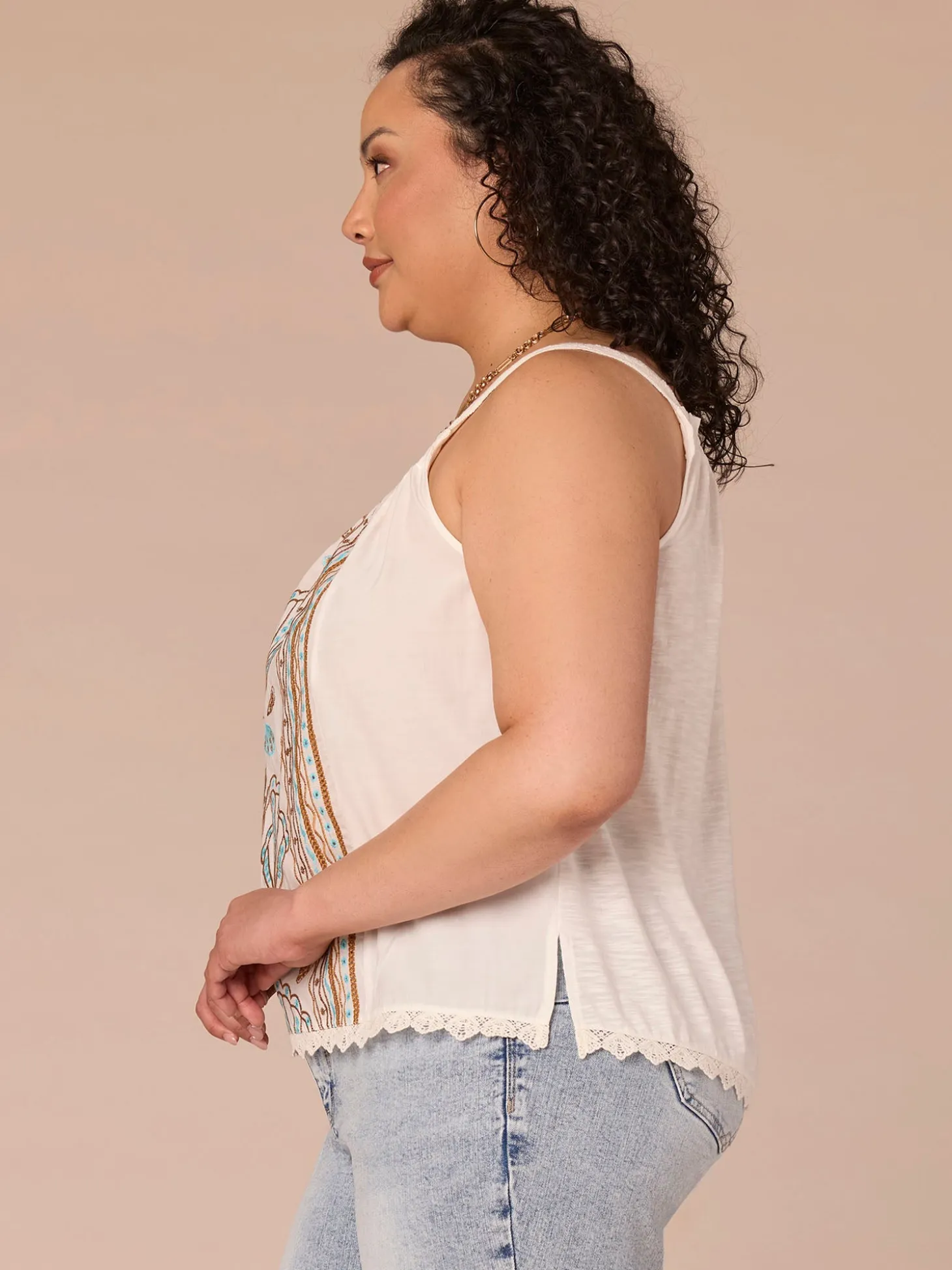 Ruched Square Neck Embroidered Scallop Edge Woven Plus Size Tank Top