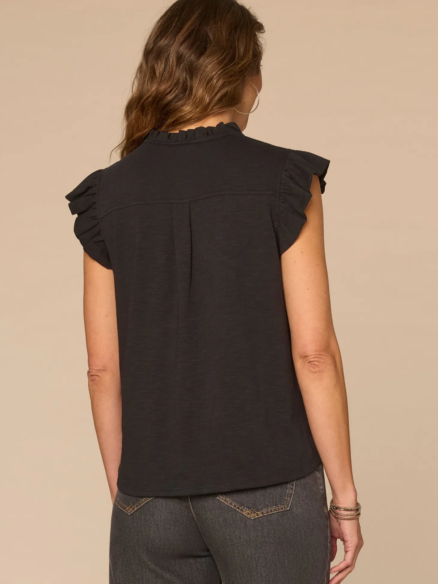 Ruffle Cap Sleeve Stand Collar Notch Neck Knit Top with Tie