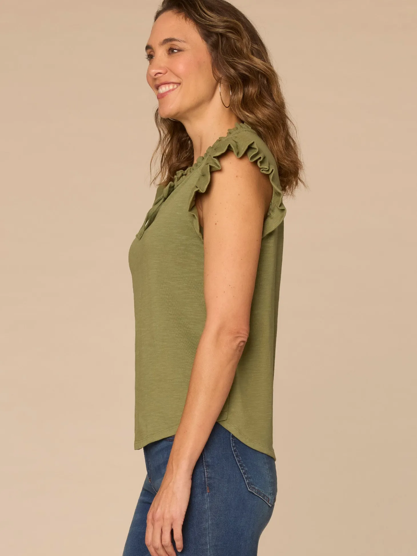 Ruffle Cap Sleeve Stand Collar Notch Neck Knit Top with Tie