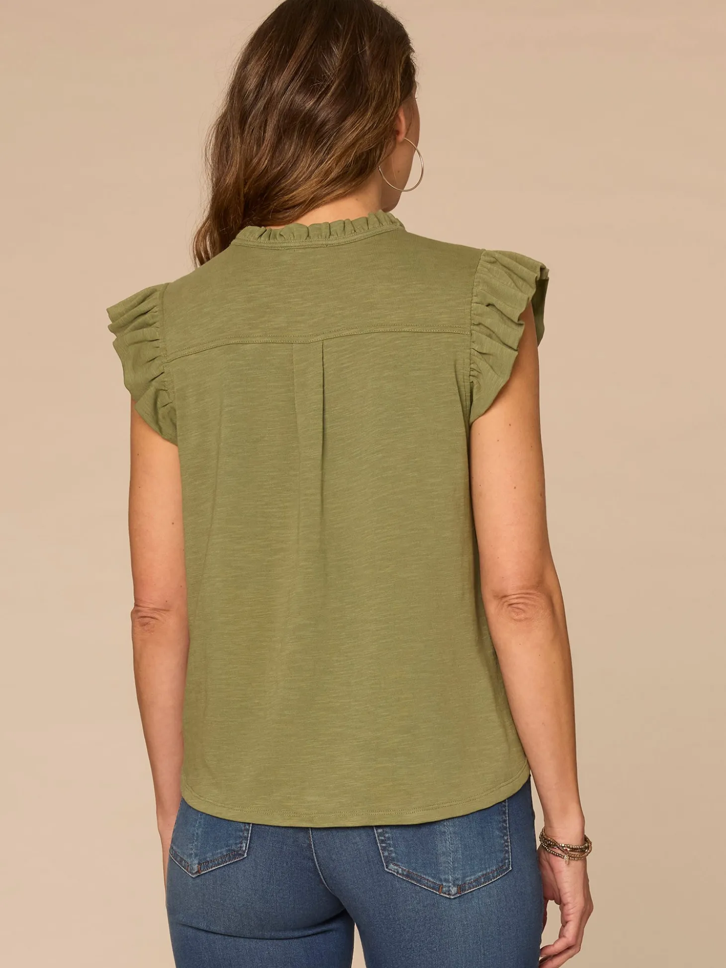 Ruffle Cap Sleeve Stand Collar Notch Neck Knit Top with Tie