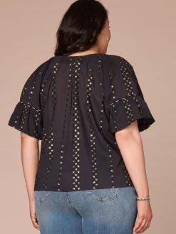 Short Banded Bubble Sleeve V-Neck Plus Size Woven Top with Embroidery