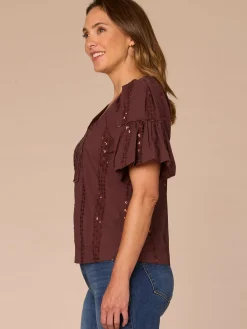 Short Banded Bubble Sleeve V-Neck Plus Size Woven Top with Embroidery