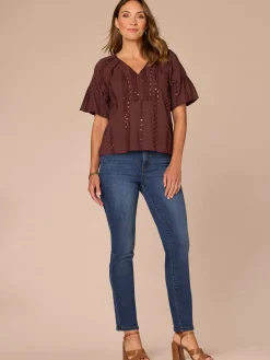 Short Banded Bubble Sleeve V-Neck Plus Size Woven Top with Embroidery