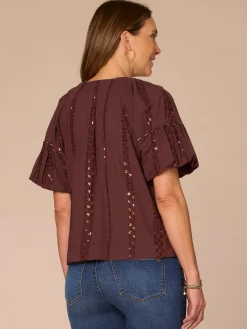 Short Bubble Sleeve Spliced V-Neck Embroidered Woven Top