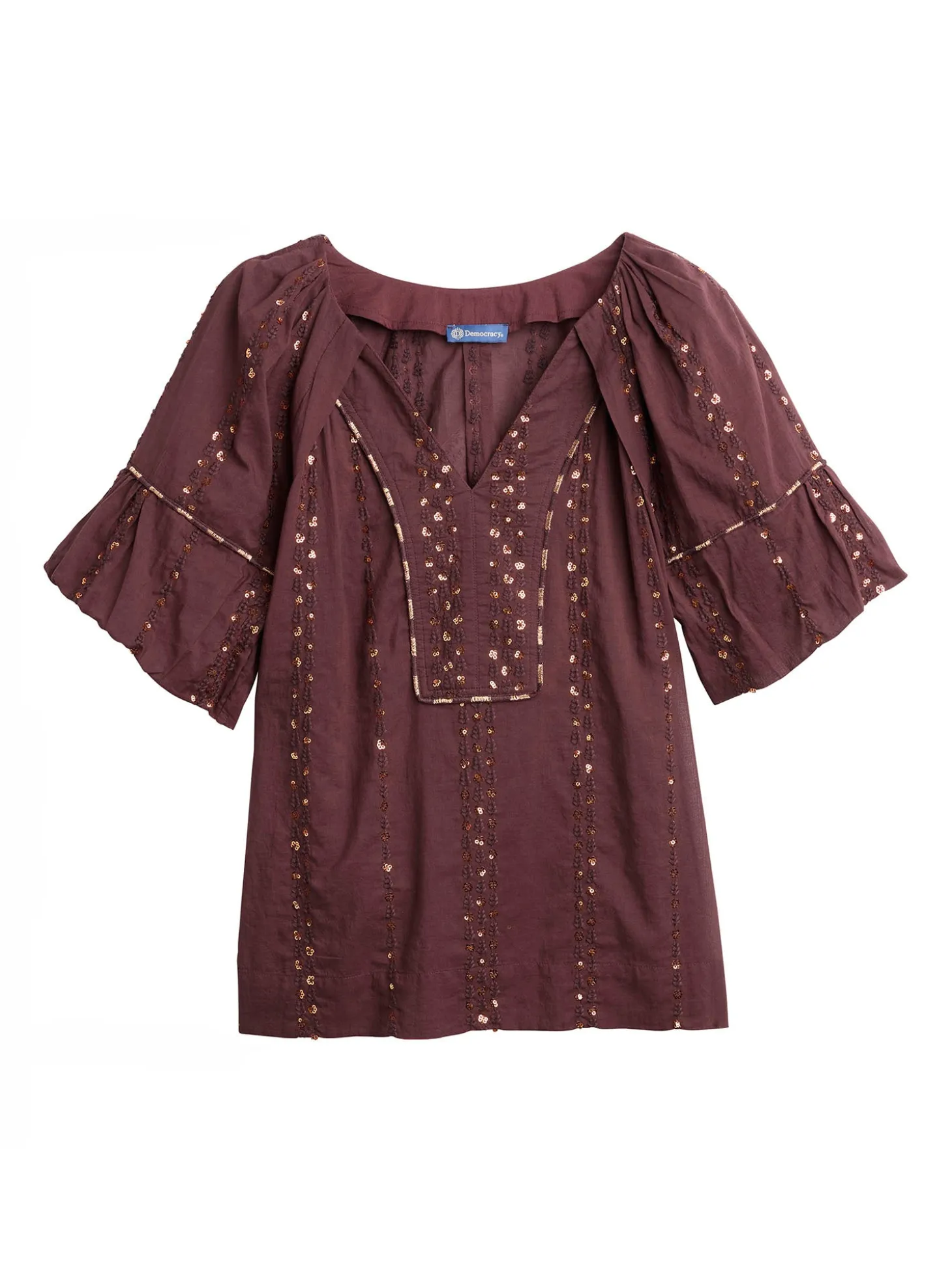 Short Bubble Sleeve Spliced V-Neck Embroidered Woven Top