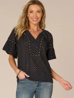 Short Bubble Sleeve Spliced V-Neck Embroidered Woven Top