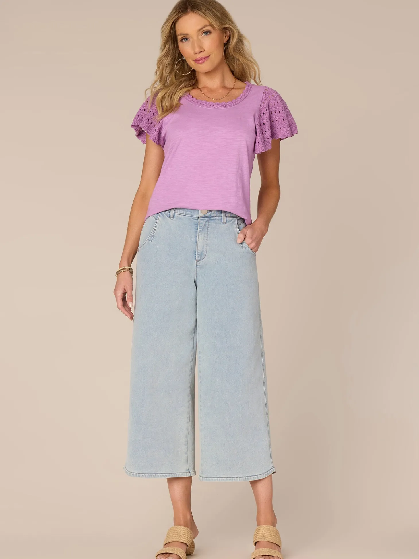 Short Crochet Flutter Sleeve Scoop Neck Knit Top