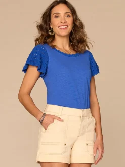 Short Crochet Flutter Sleeve Scoop Neck Knit Top