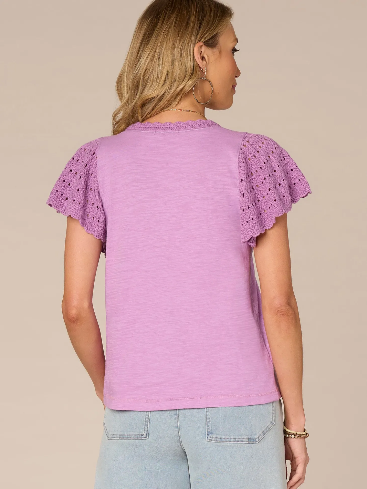 Short Crochet Flutter Sleeve Scoop Neck Knit Top