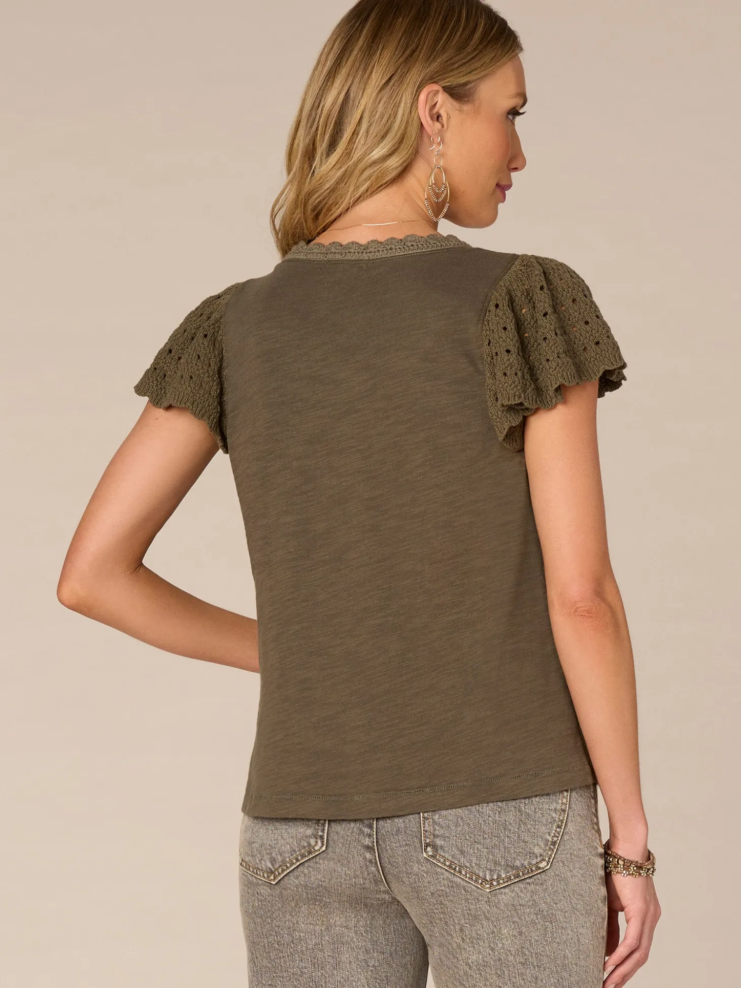 Short Crochet Flutter Sleeve Scoop Neck Knit Top