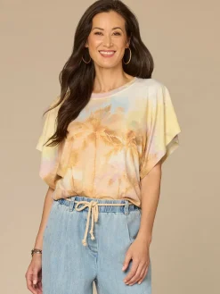 Short Dolman Sleeve Embroidered Scoop Neck Placement Print Knit Top