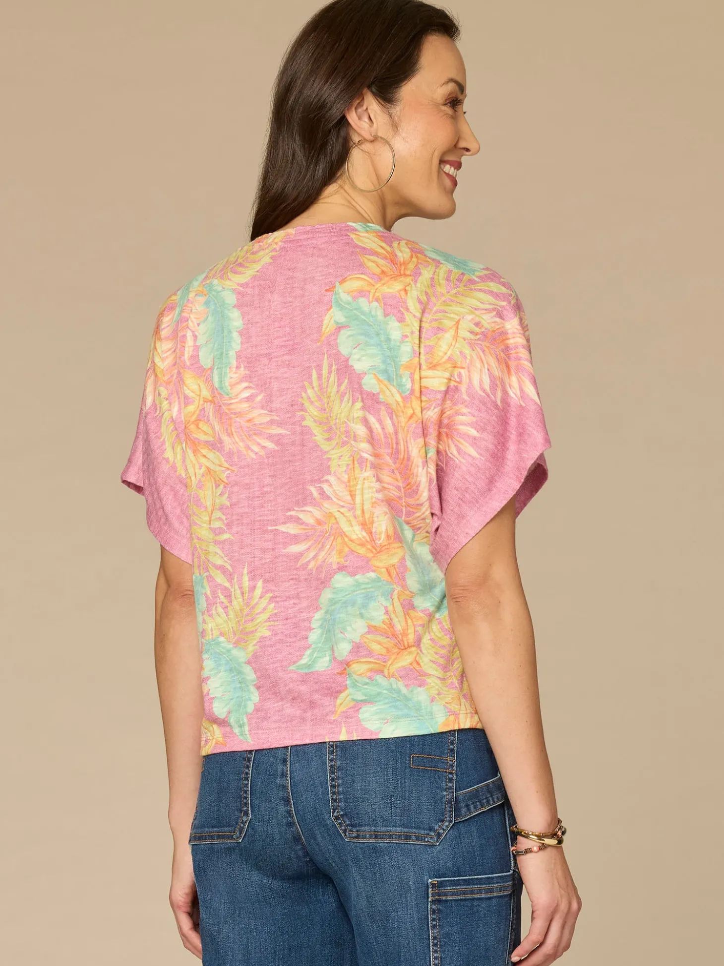 Short Dolman Sleeve Scallop Scoop Neck Placement Print Petite Knit Top