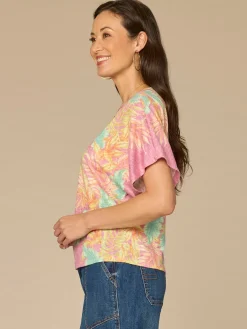 Short Dolman Sleeve Scallop Scoop Neck Placement Print Knit Top