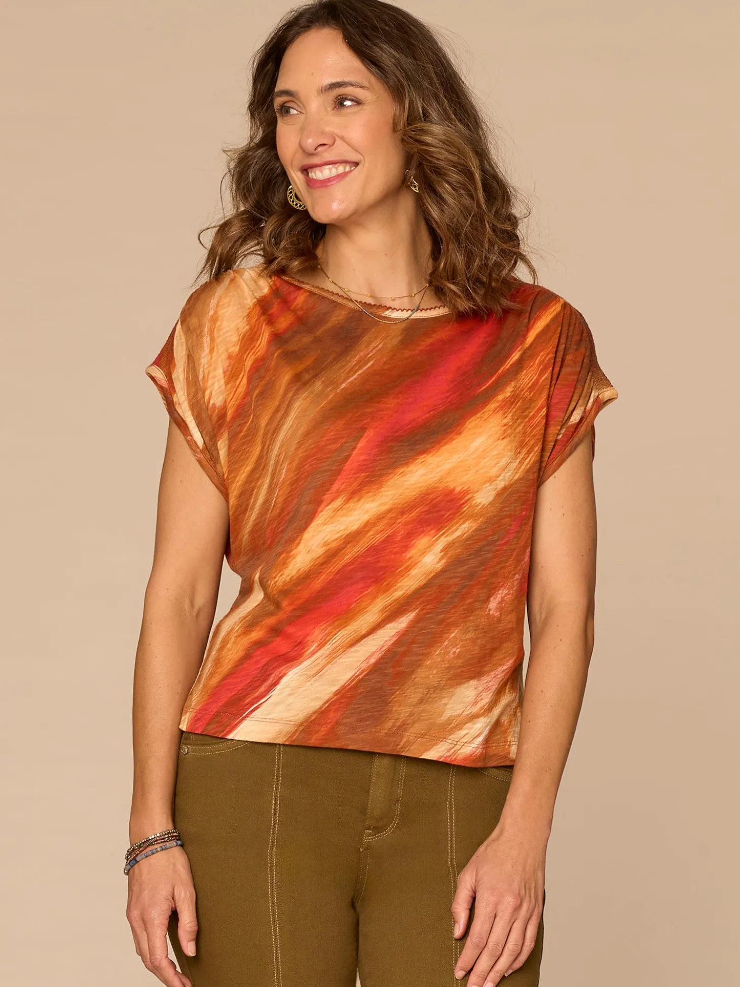Short Dolman Sleeve Smocked Scoop Neck Placement Print Knit Top