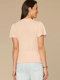 Short Flounce Sleeve Round Neck Peplum Hem Scallop Crochet Sweater