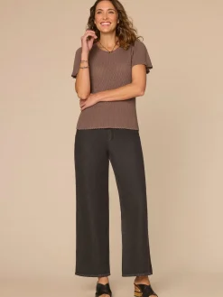 Short Flounce Sleeve Round Neck Peplum Hem Scallop Crochet Sweater