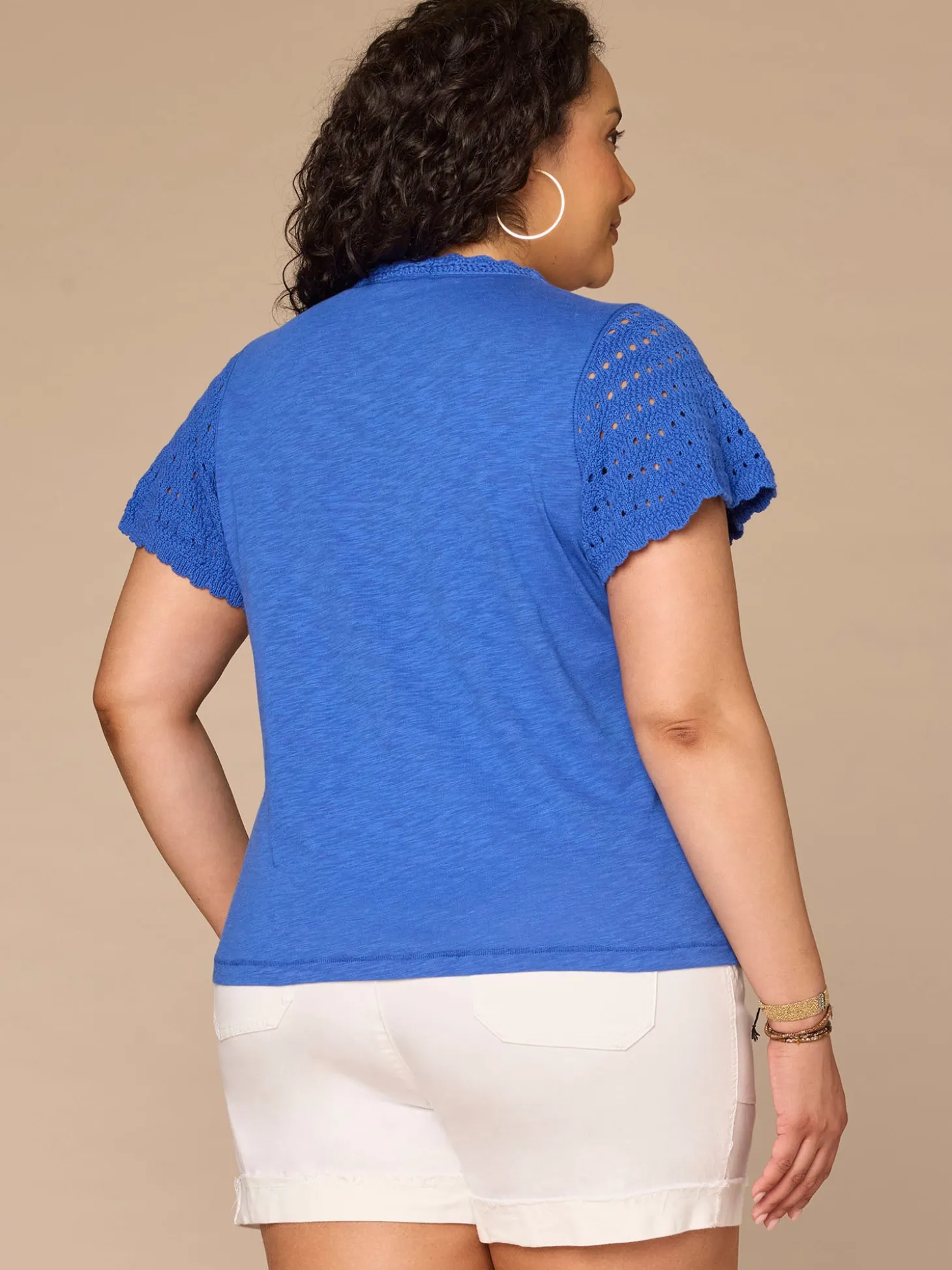 Short Flutter Sleeve Crochet Scoop Neck Plus Size Knit Top