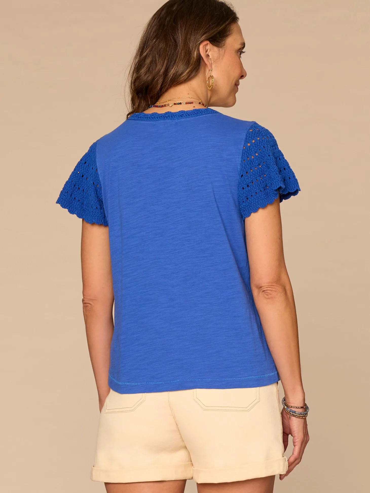 Short Flutter Sleeve Crochet Scoop Neck Scallop Edge Petite Knit Top