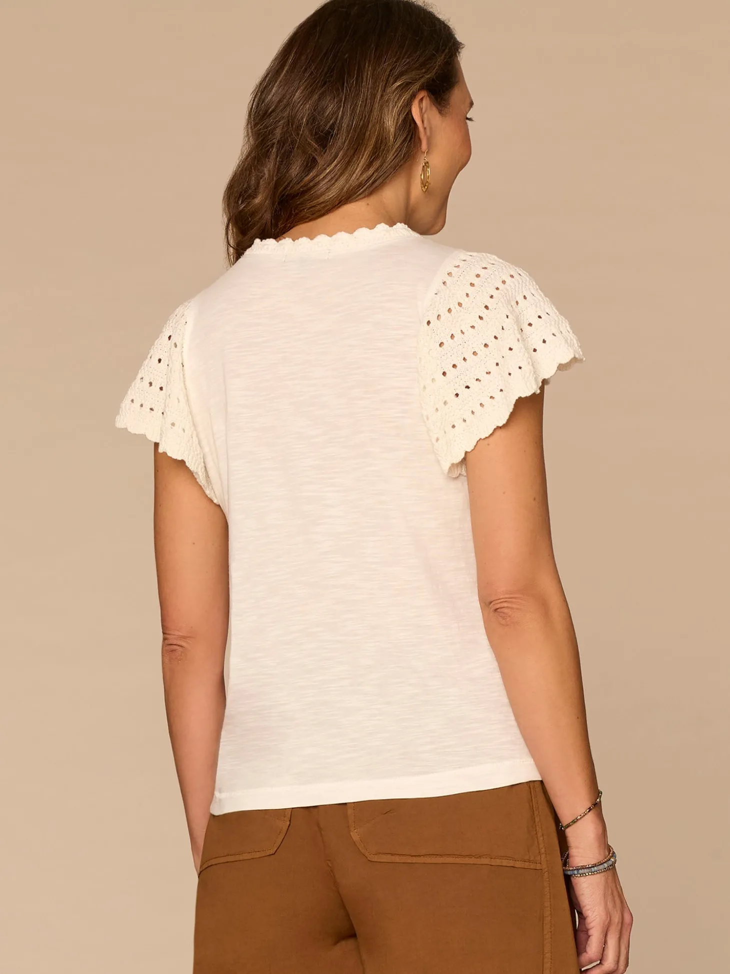 Short Flutter Sleeve Crochet Scoop Neck Scallop Edge Petite Knit Top