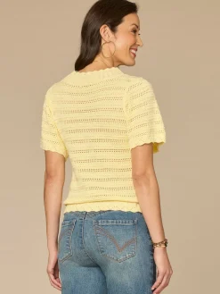 Short Flutter Sleeve Round Neck Crochet Yoke Scallop Edge Sweater