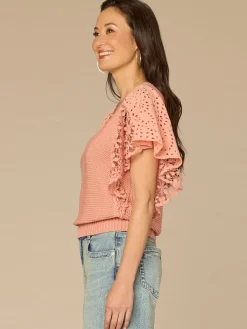 Short Flutter Sleeve V-Neck Lace Mix Media Top