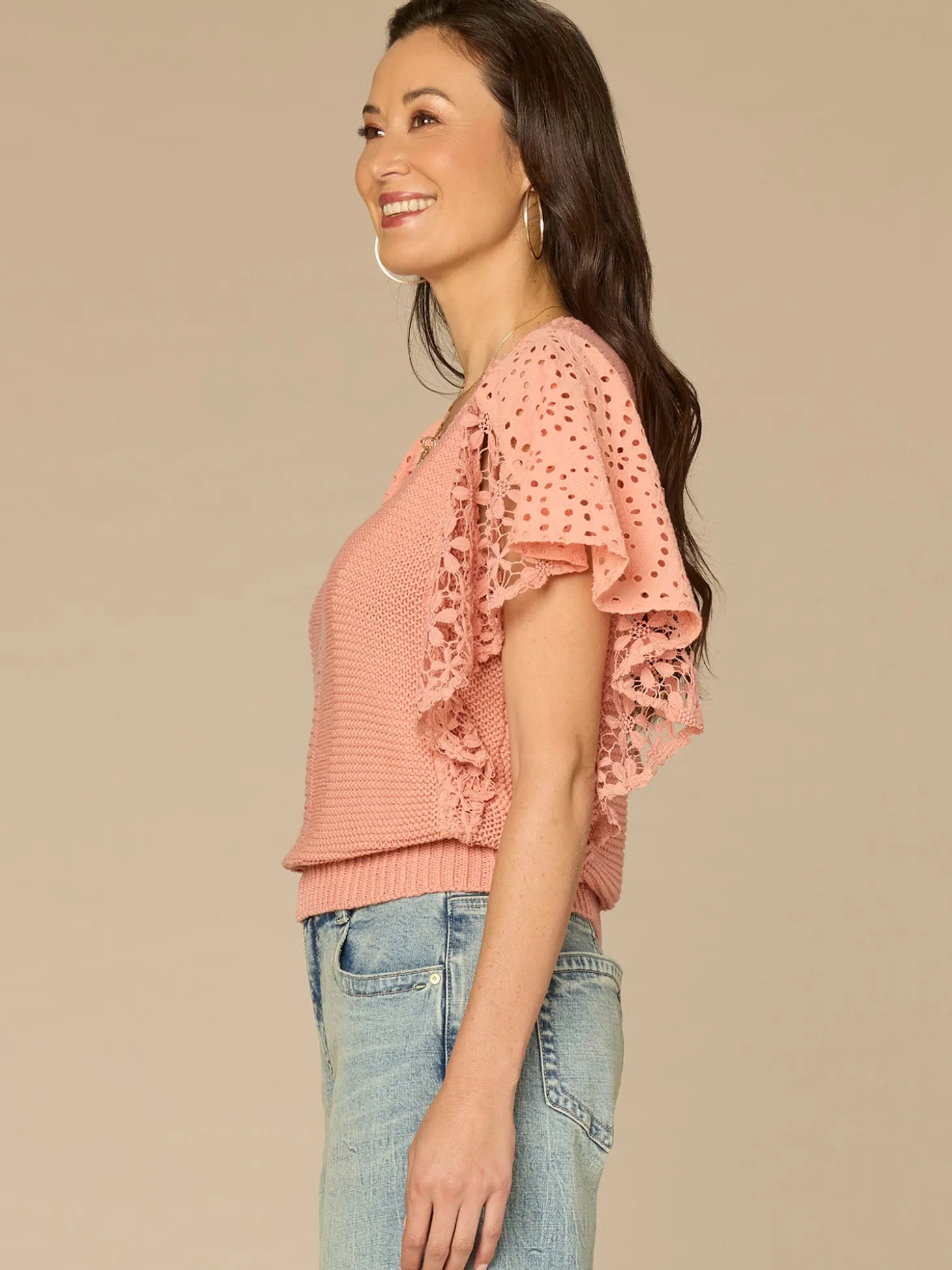 Short Flutter Sleeve V-Neck Lace Mix Media Top