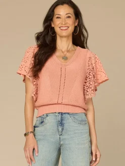 Short Flutter Sleeve V-Neck Lace Mix Media Top