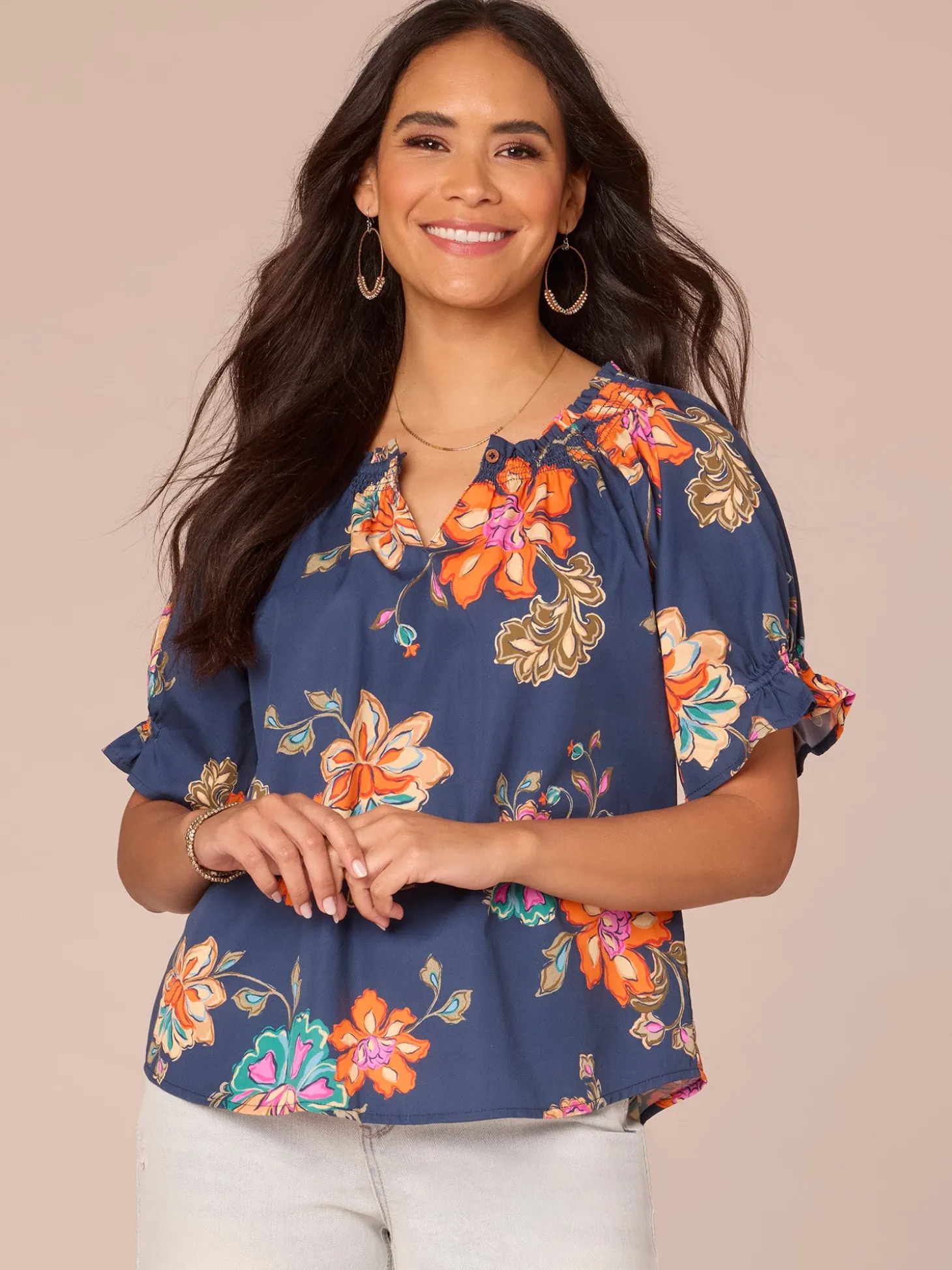 Short Half Smock Sleeve Round Neck Floral Print Woven Top