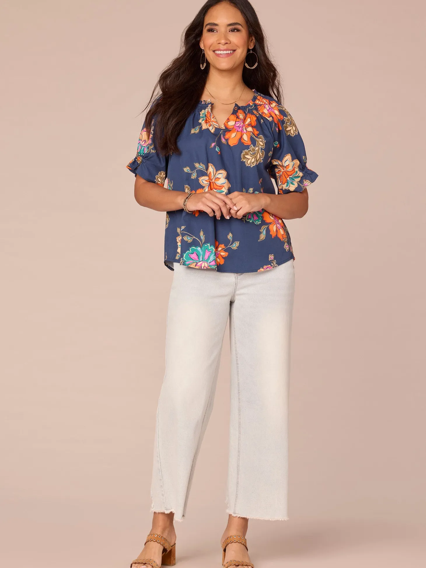 Short Half Smock Sleeve Round Neck Floral Print Woven Top