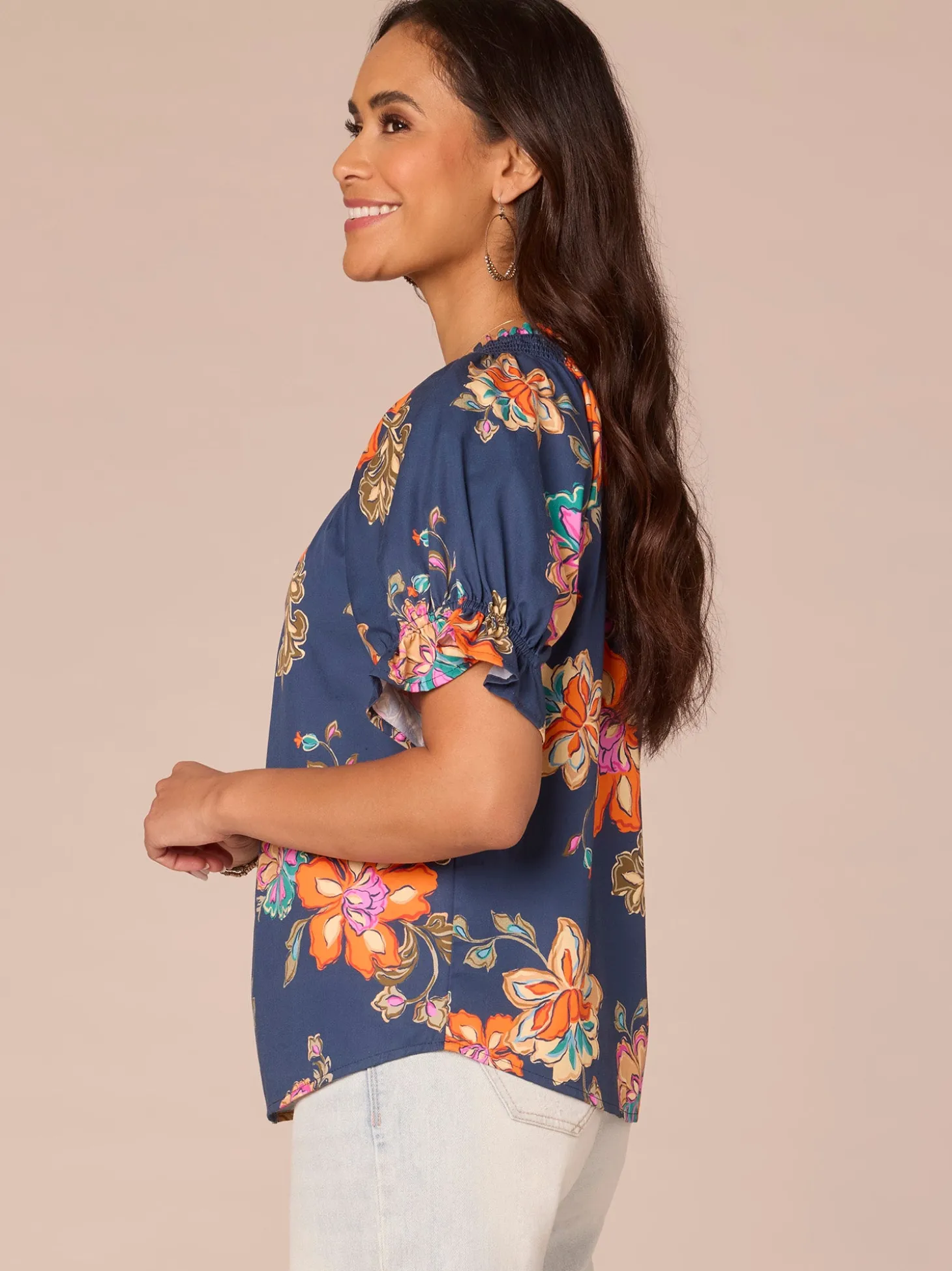 Short Half Smock Sleeve Round Neck Floral Print Woven Top