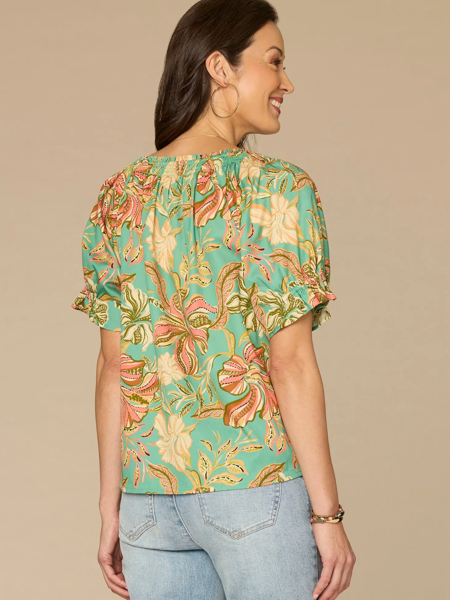 Short Half Smock Sleeve Round Neck Floral Print Woven Top