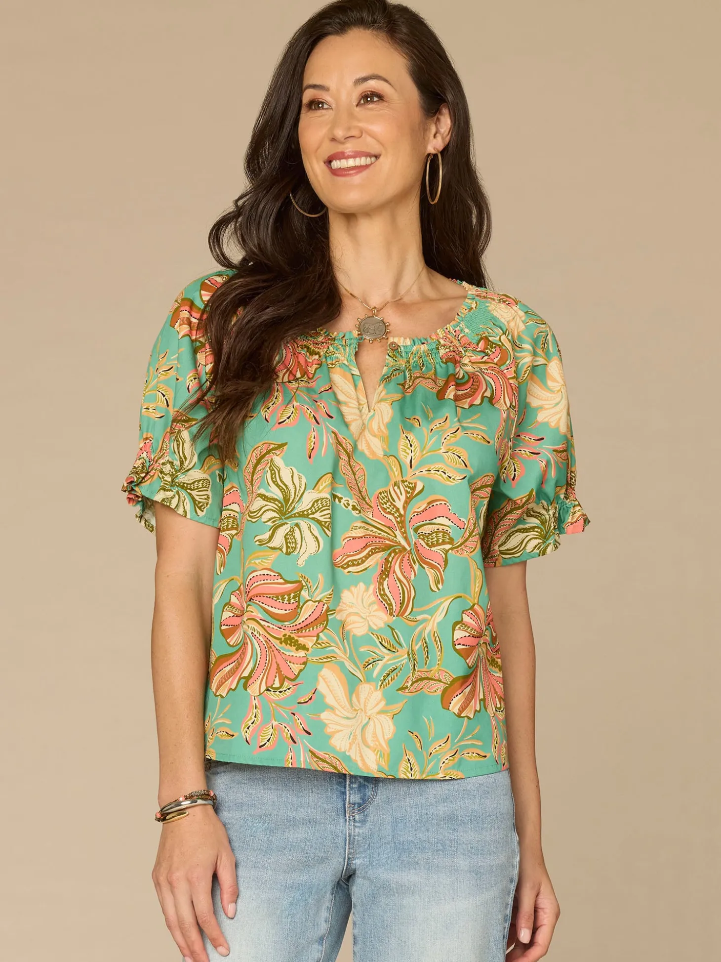 Short Half Smock Sleeve Round Neck Floral Print Woven Top