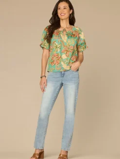 Short Half Smock Sleeve Round Neck Floral Print Woven Top