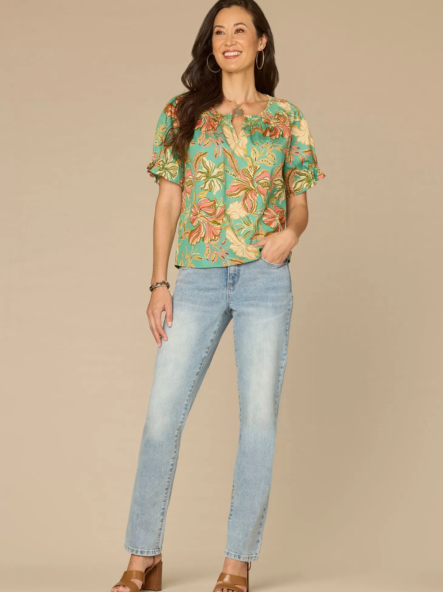 Short Half Smock Sleeve Round Neck Floral Print Woven Top