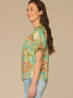 Short Half Smock Sleeve Round Neck Floral Print Woven Top
