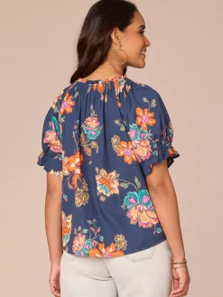 Short Half Smock Sleeve Round Neck Floral Print Woven Top
