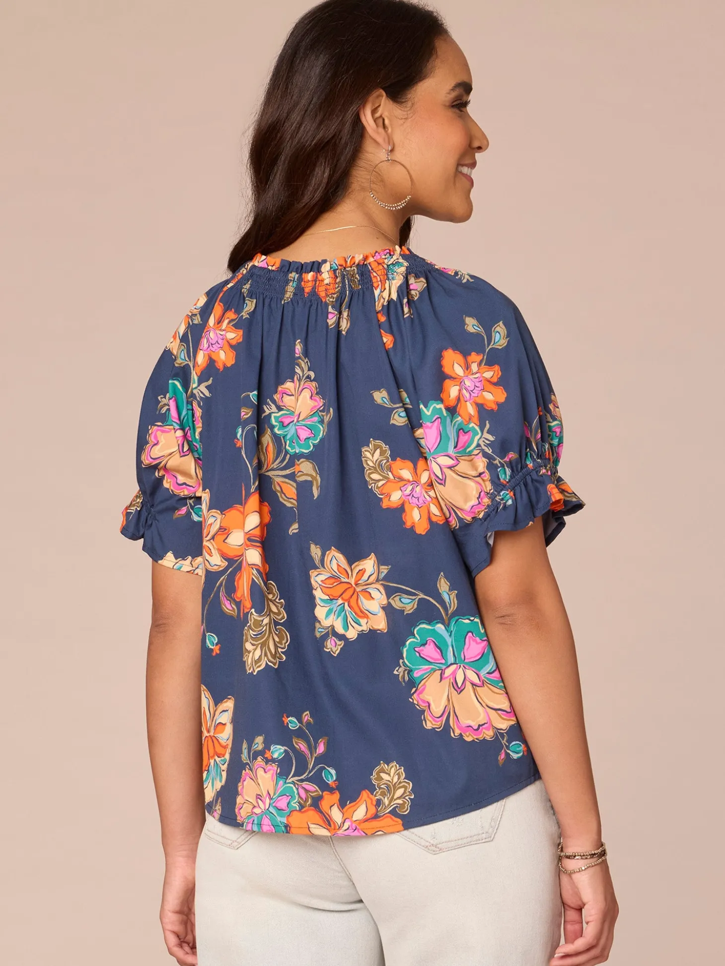 Short Half Smock Sleeve Round Neck Floral Print Woven Top